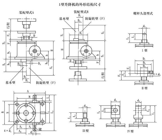 SWL2.5、SWL5、SWL10、SWL15、SWL20、SWL25、SWL35、SWL50、SWL100、SWL120、系列蜗轮丝杠升降机外形结构尺寸(1型)(JB/T8809—1998)